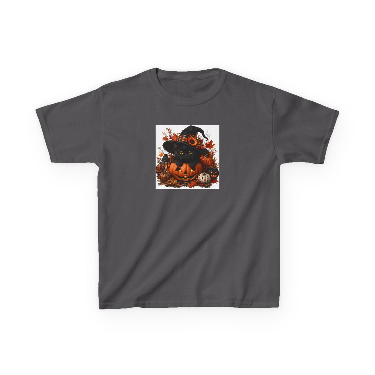Kids Tee — Halloween Black Cat with Witch Hat & Pumpkins