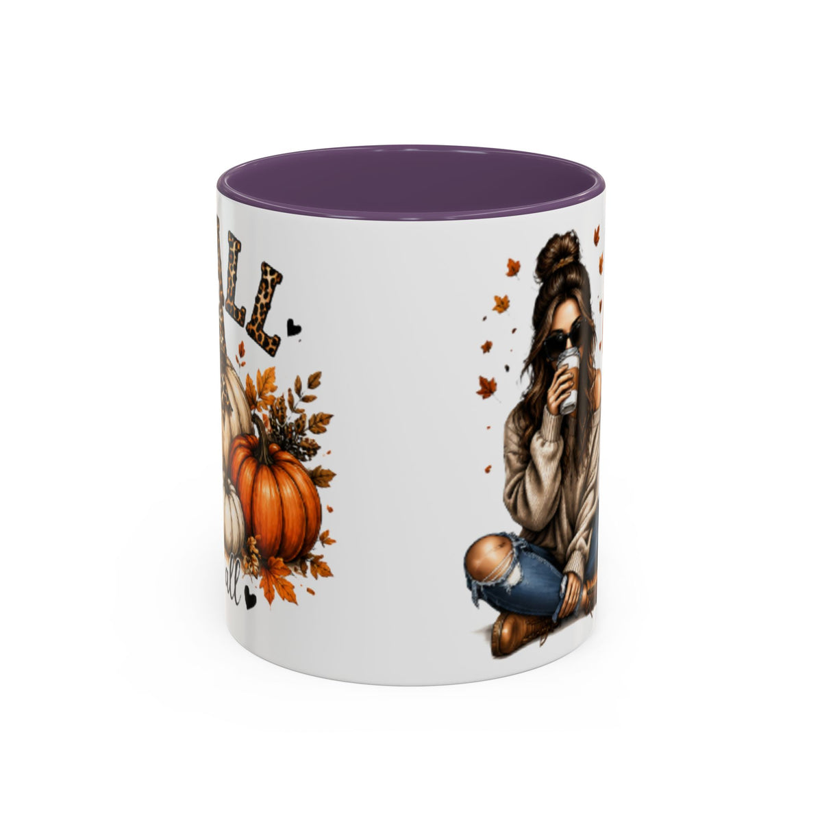 White autumn coffee mug with purple interior rim and fall woman and pumpkin graphic.