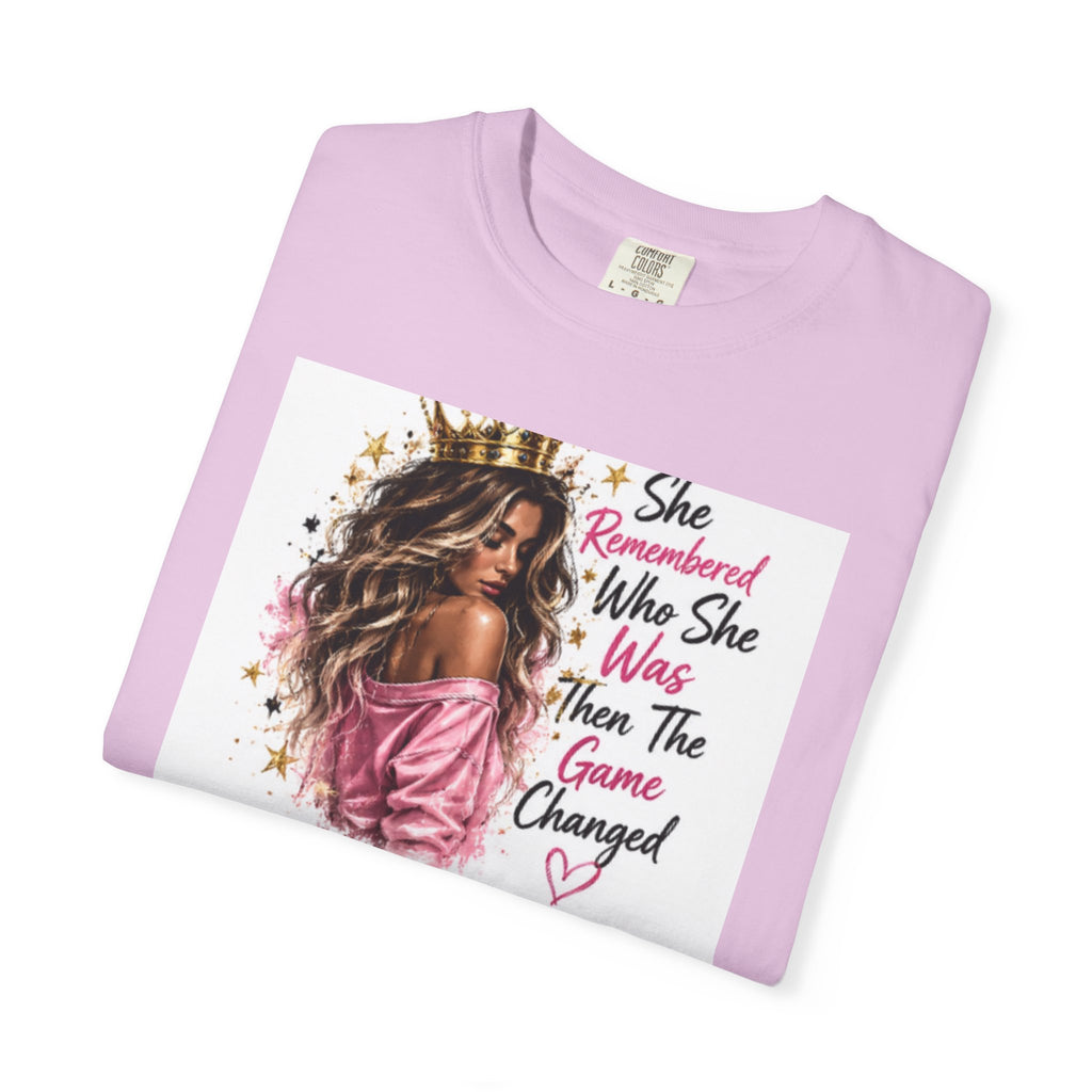 T-Shirt — 'She Remembered Who She Was' Empowerment Tee (Woman Portrait, Inspirational Quote)
