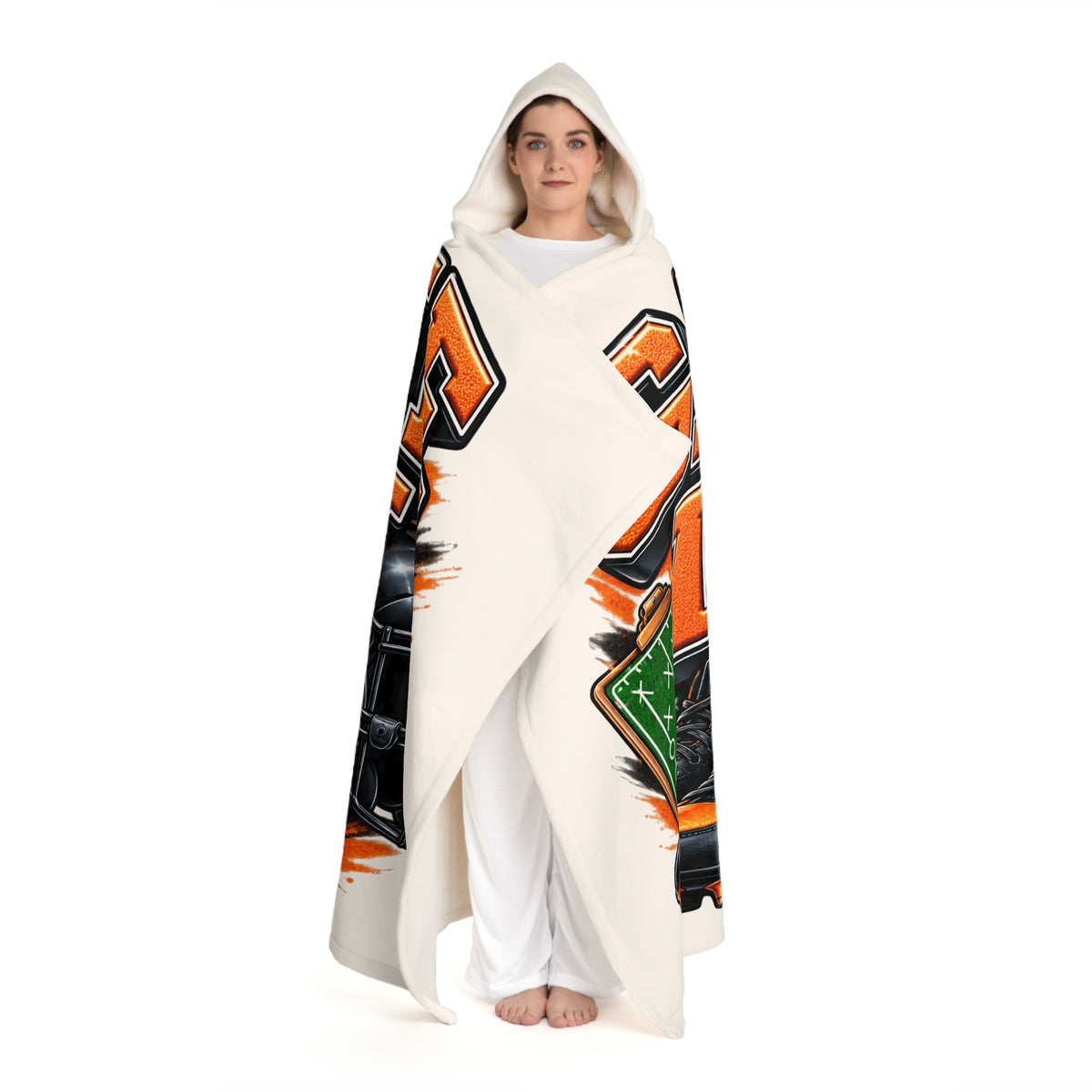 Hooded Sherpa Blanket — Vintage Racing Number Graphic, Cozy Fleece Throw with Hood