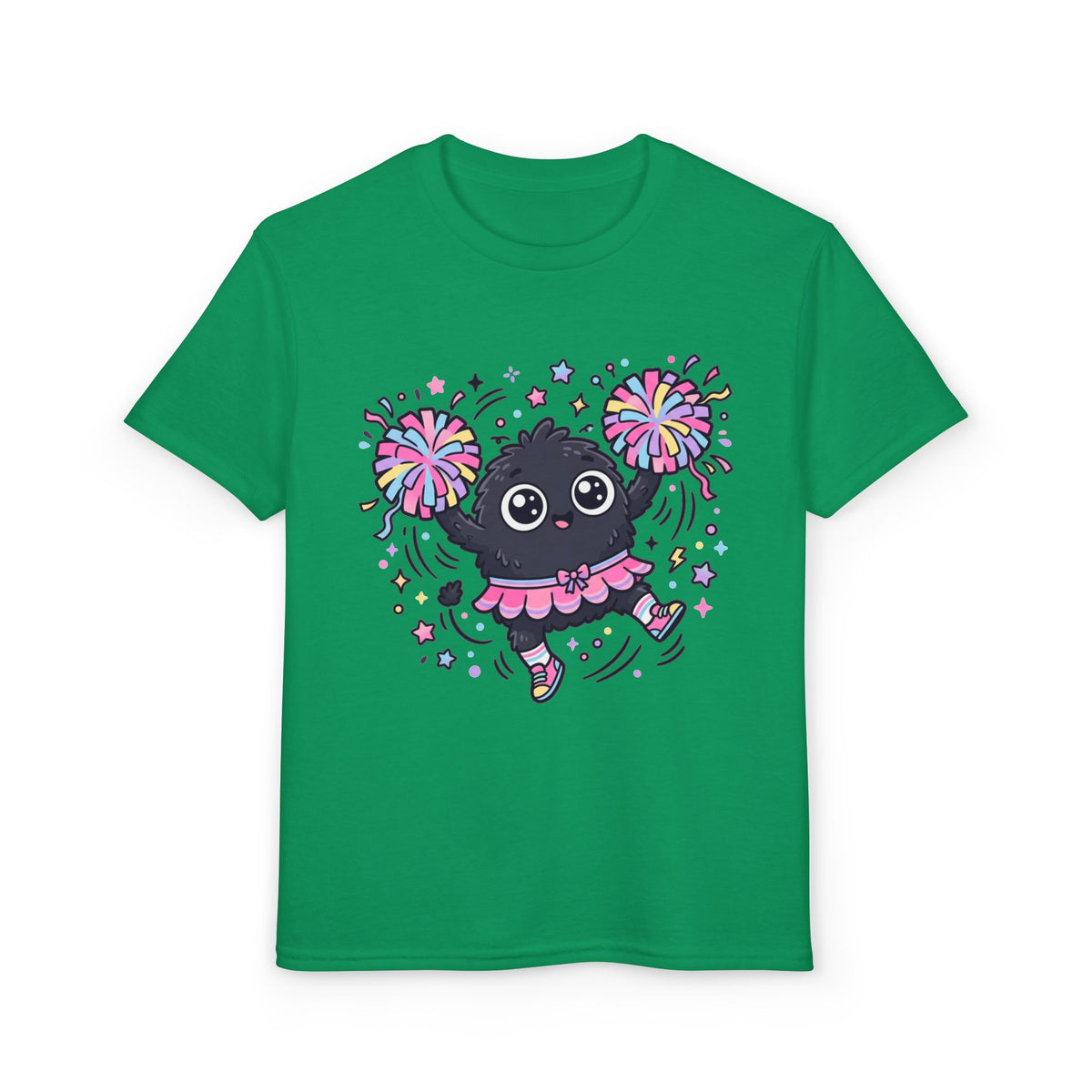 Cute Black Kitty Cheerleader Youth T-Shirt — Pom-Pom Dancing Cat Tee