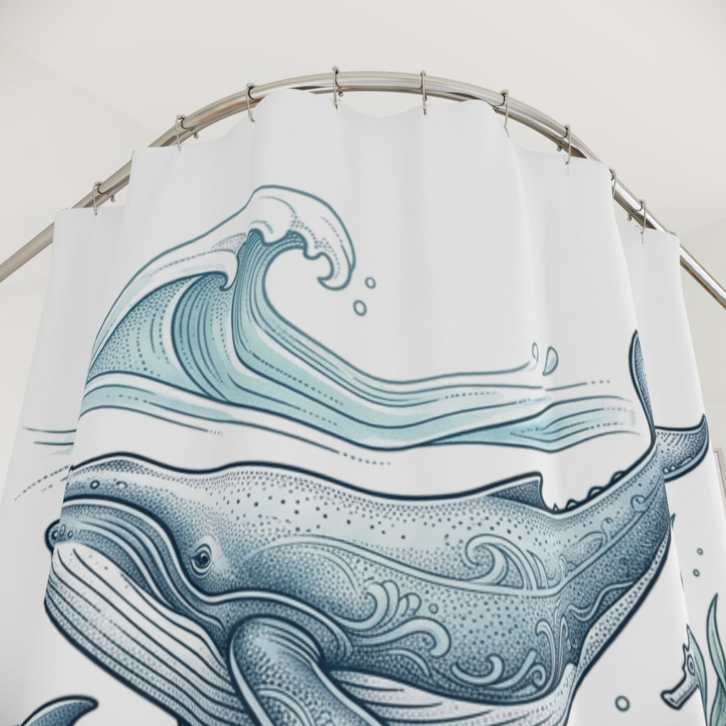 Ocean Life Shower Curtain — Blue Whale & Dolphin Nautical Bathroom Decor