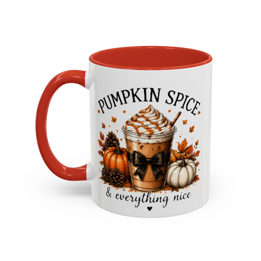Coffee mug with orange handle and rim; “Pumpkin Spice & everything nice” pumpkin drink print
