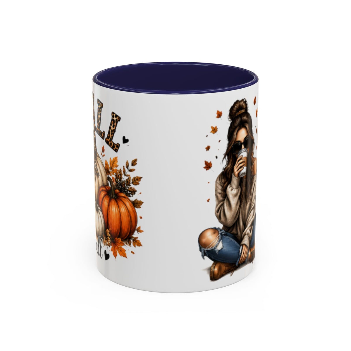 White mug with purple interior, autumn pumpkin and woman drinking coffee graphic