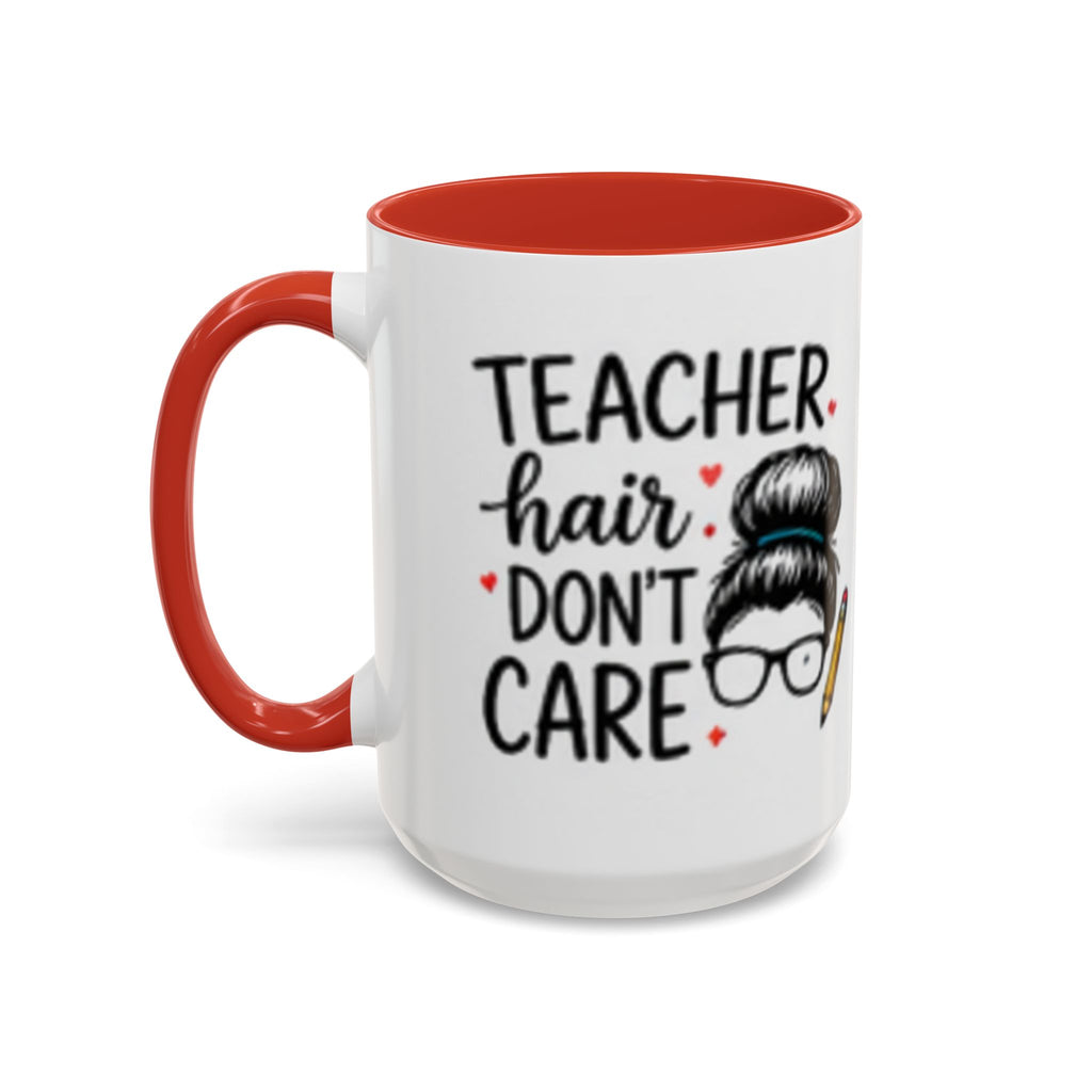 Orange-handled coffee mug with “Teacher hair don’t care” slogan and hairdresser artwork.