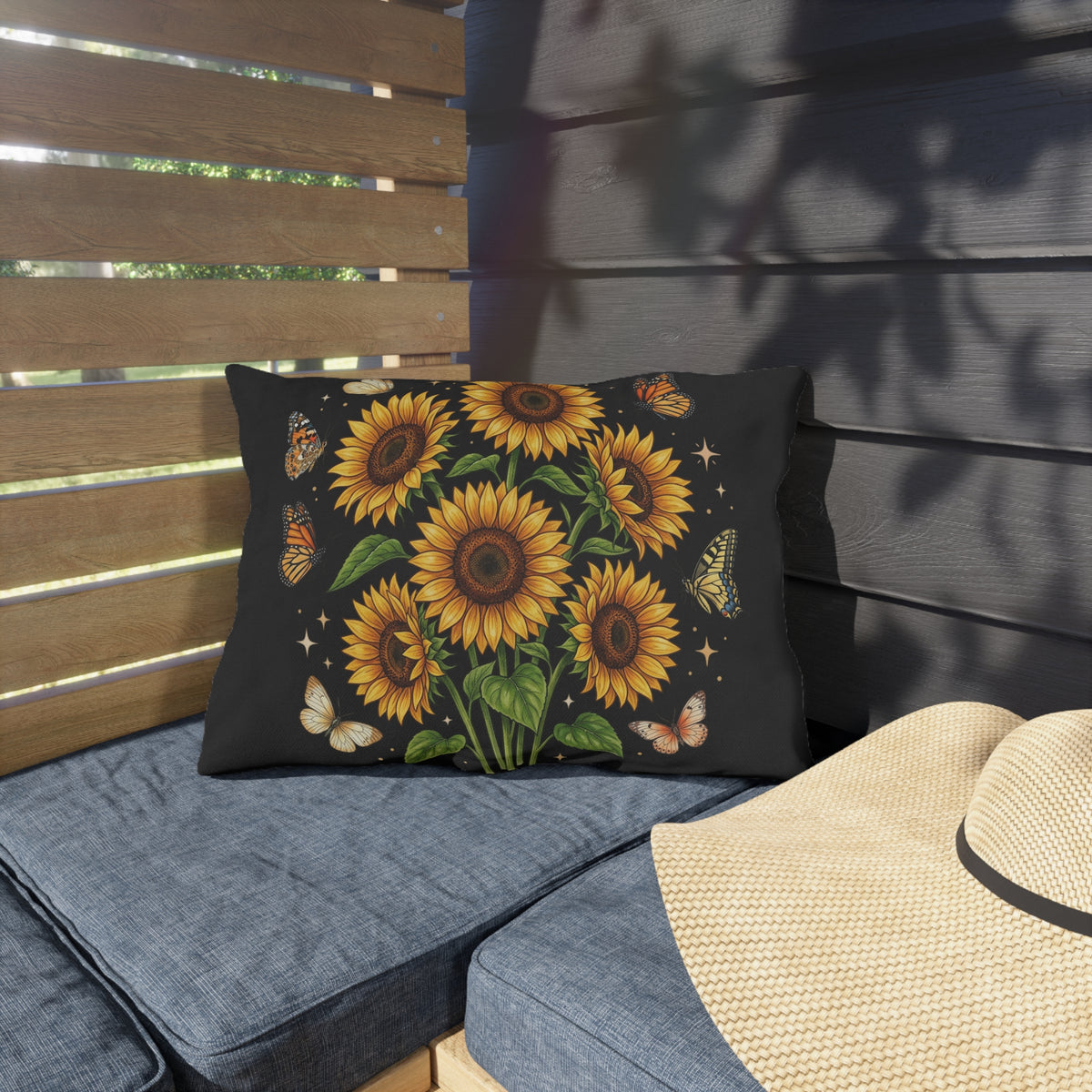 Sunflower & Butterfly Outdoor Pillow — Floral Garden Accent Cushion for Patio
