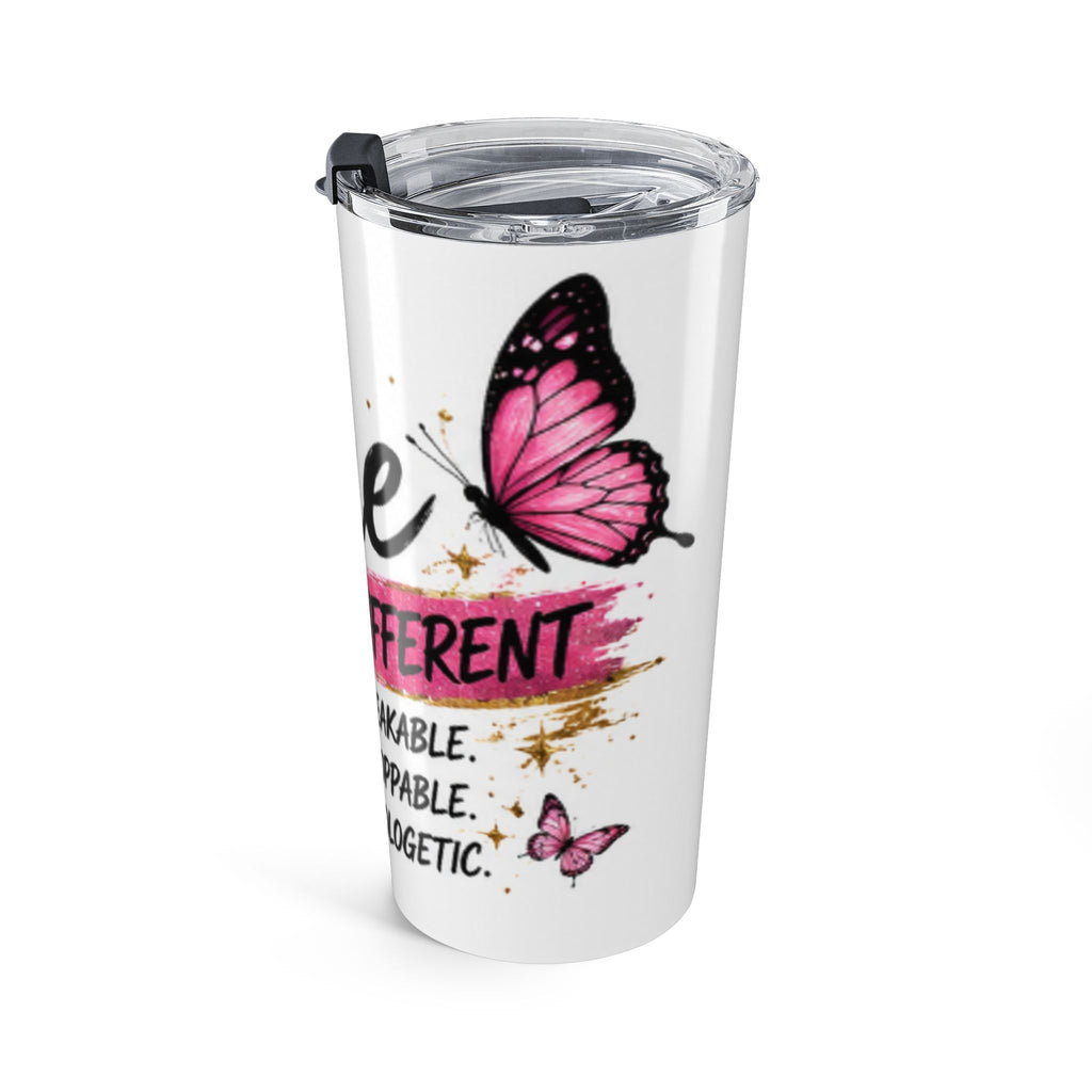 20oz insulated tumbler with clear lid, white body, pink butterfly and speckled text design