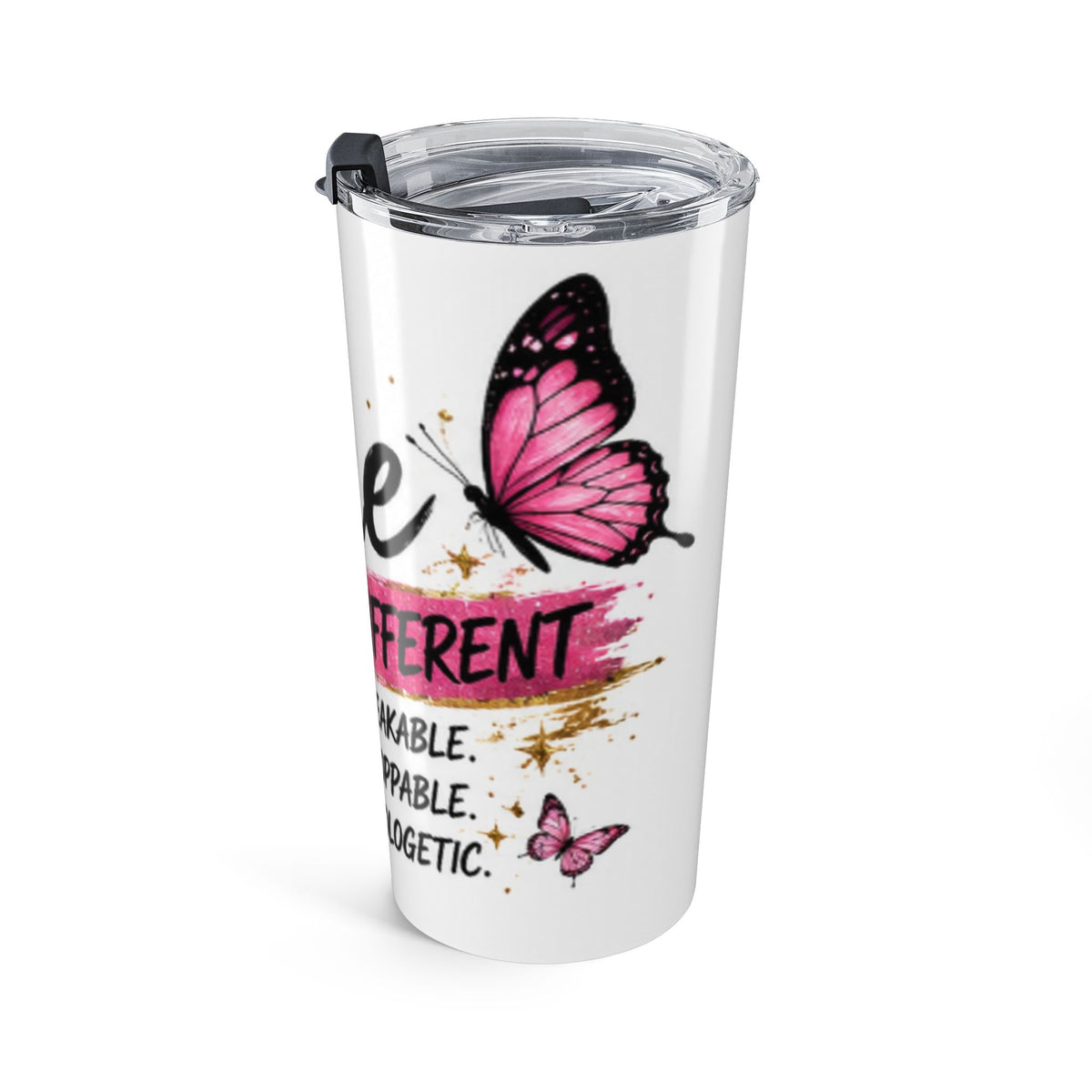 20oz insulated tumbler with clear lid, white body, pink butterfly and speckled text design