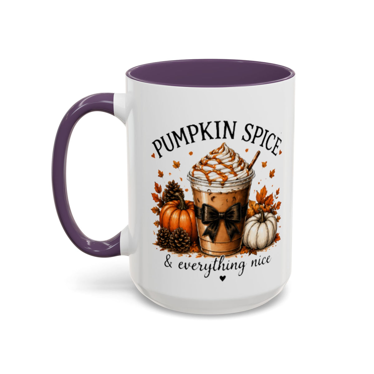 Purple accent coffee mug three-quarter view with pumpkin spice coffee graphic and bow