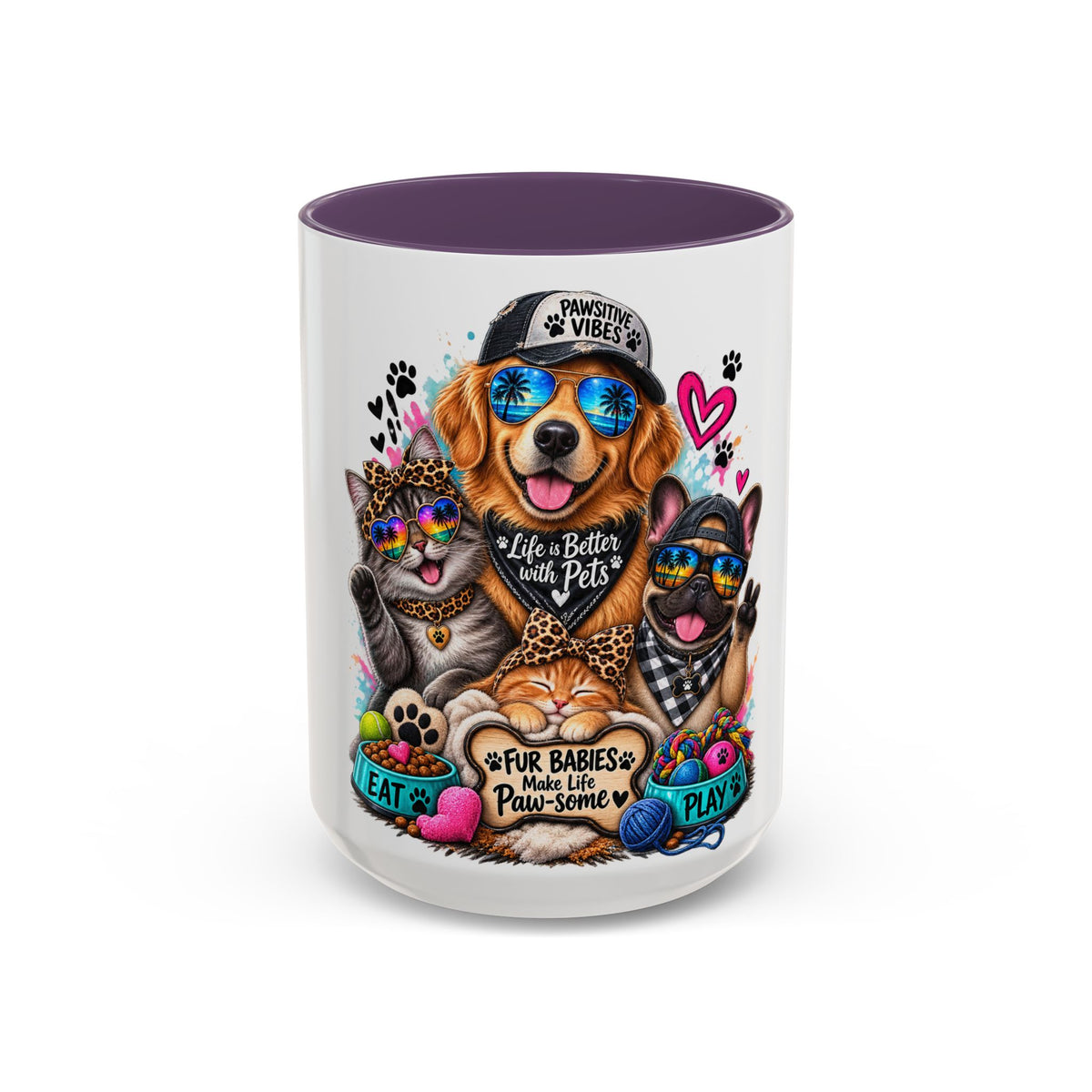 Coffee Mug — "Life is Better with Pets" Colorful Dog & Cat Paw-some Design (11/15 oz)