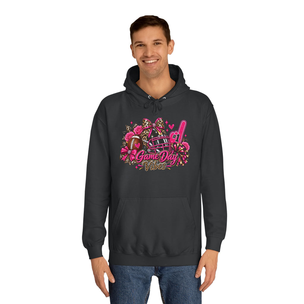 Game Day Cheer Hoodie — Pink Football Floral Design by Printify, shown on a model wearing a black hoodie with a pink football and floral game day graphic