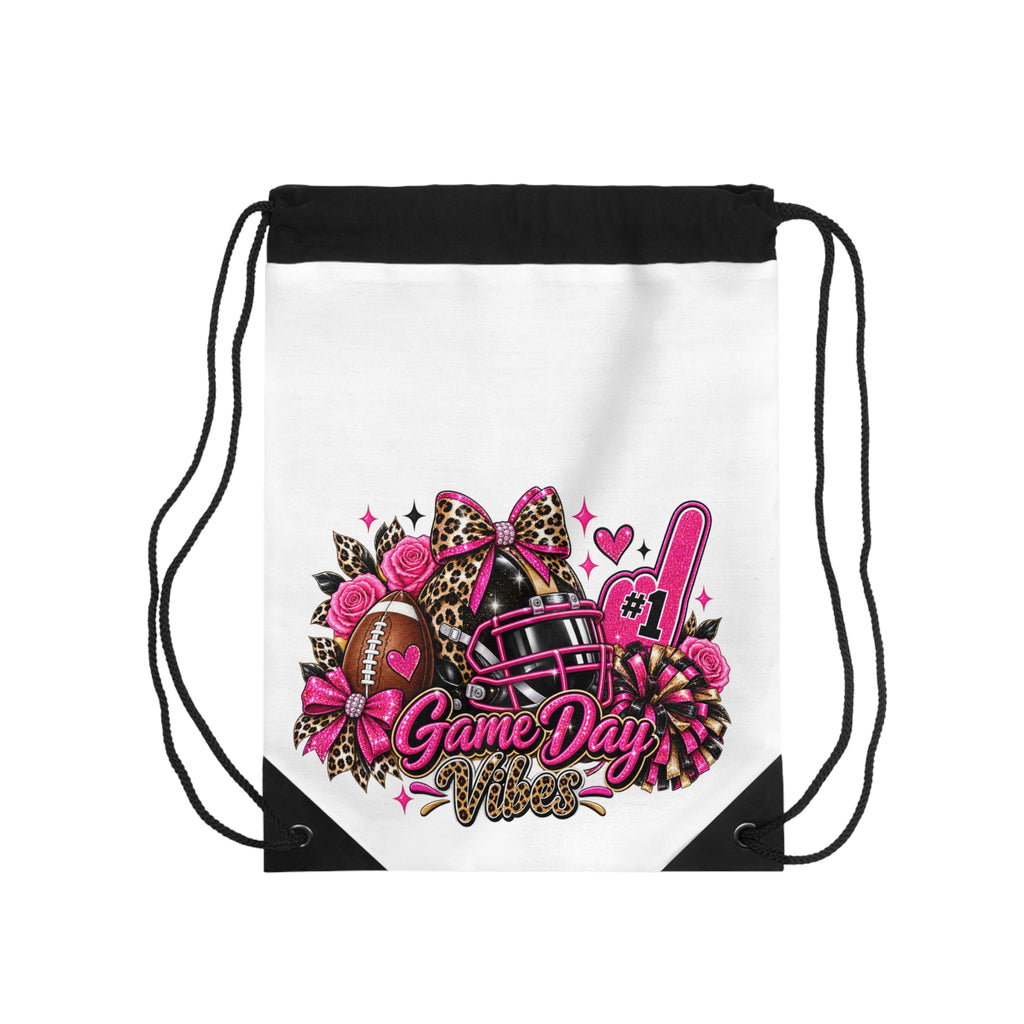 Game Day Vibes Drawstring Bag — Pink Football Cheer Design