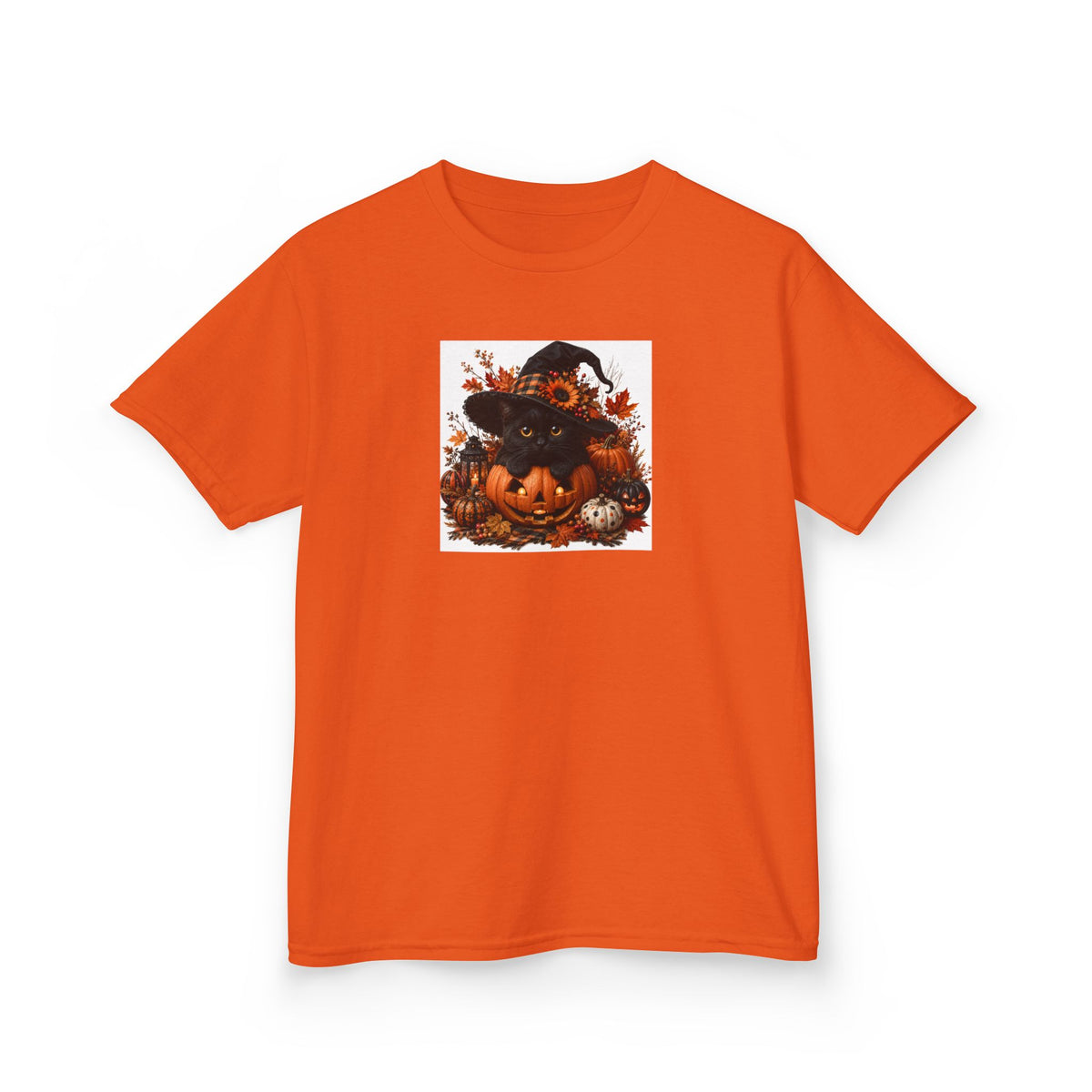 Kids Tee — Halloween Black Cat with Witch Hat & Pumpkins