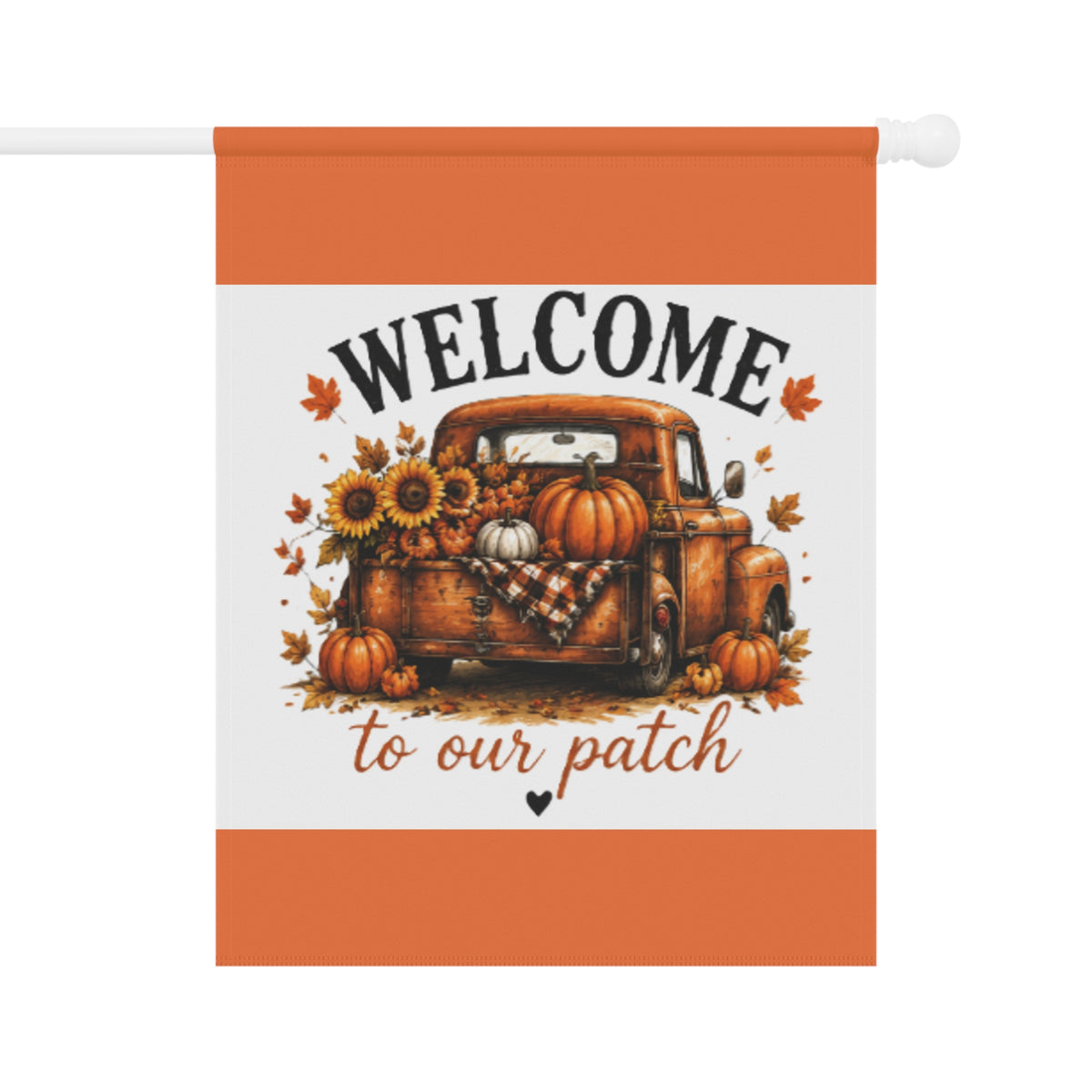 Orange-and-white yard flag with Welcome patch art of pumpkin truck and sunflowers