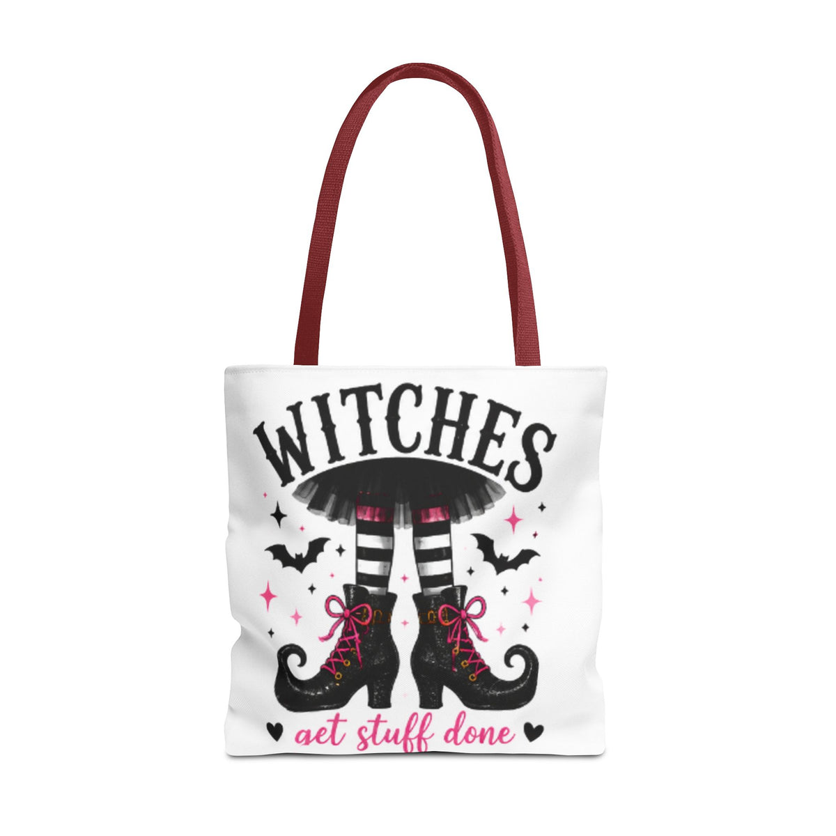 White tote bag with dark red handles, witches graphic and "get stuff done" lettering