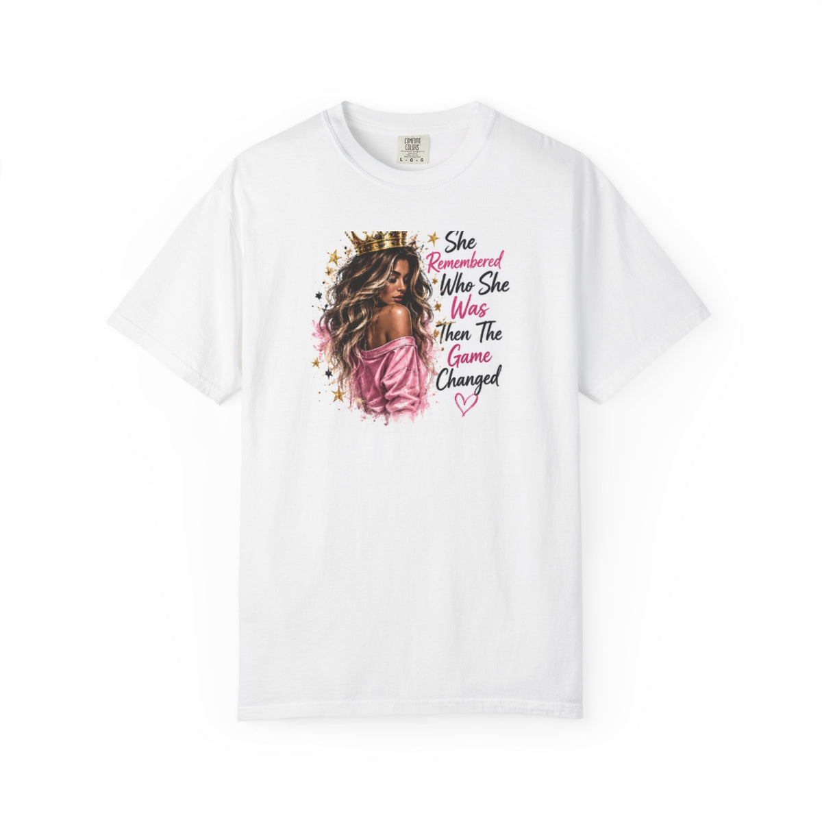 T-Shirt — 'She Remembered Who She Was' Empowerment Tee (Woman Portrait, Inspirational Quote)