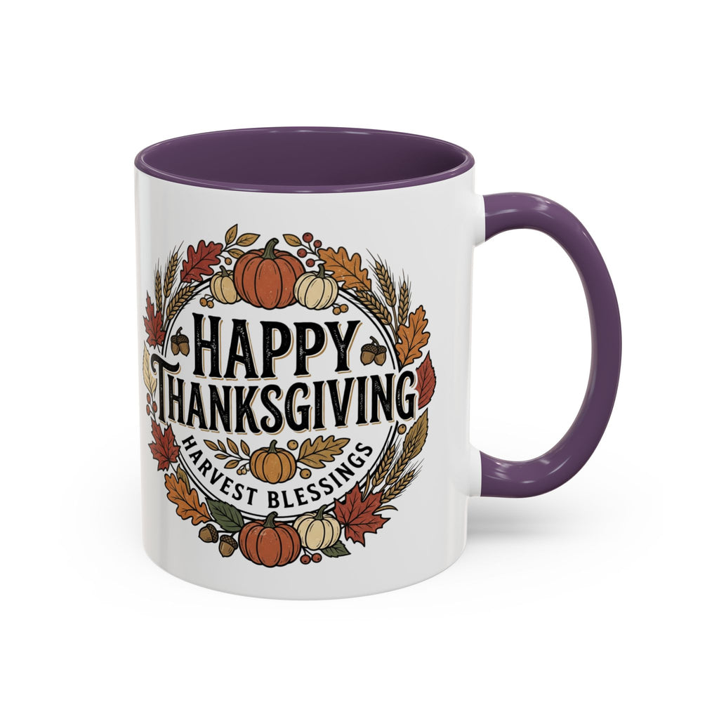 Happy Thanksgiving Accent Coffee Mug — "Harvest Blessings" Fall Pumpkin Wreath (11/15 oz)