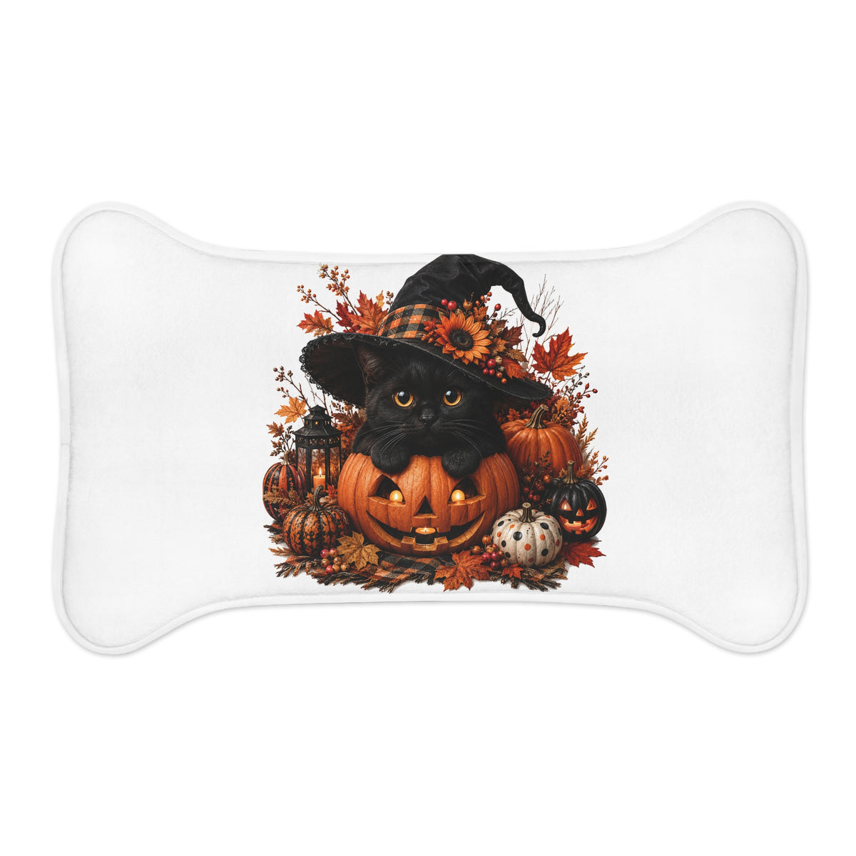 Halloween Cat Pet Feeding Mat – Black Kitten in Witch Hat Pumpkin Design
