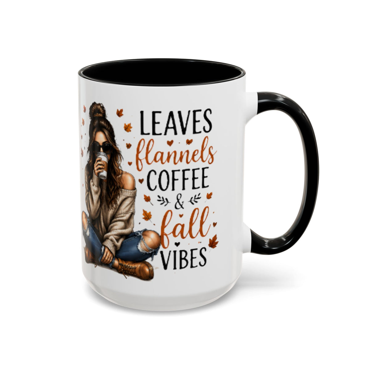 Black-accent coffee mug with autumn quote and seated woman graphic, glossy finish